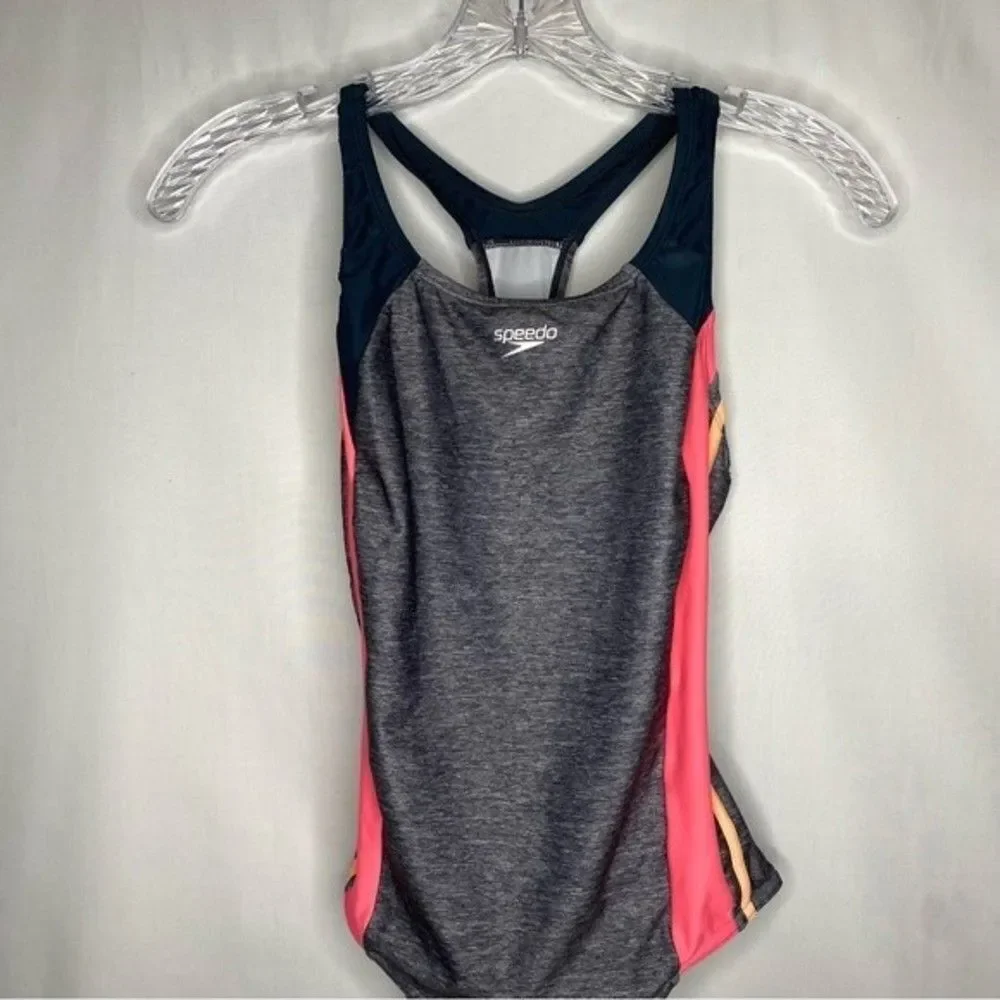 Speedo Gray Pink Infinity Splice Cutout Racerback One Piece Swimsuit 16‎ Girls